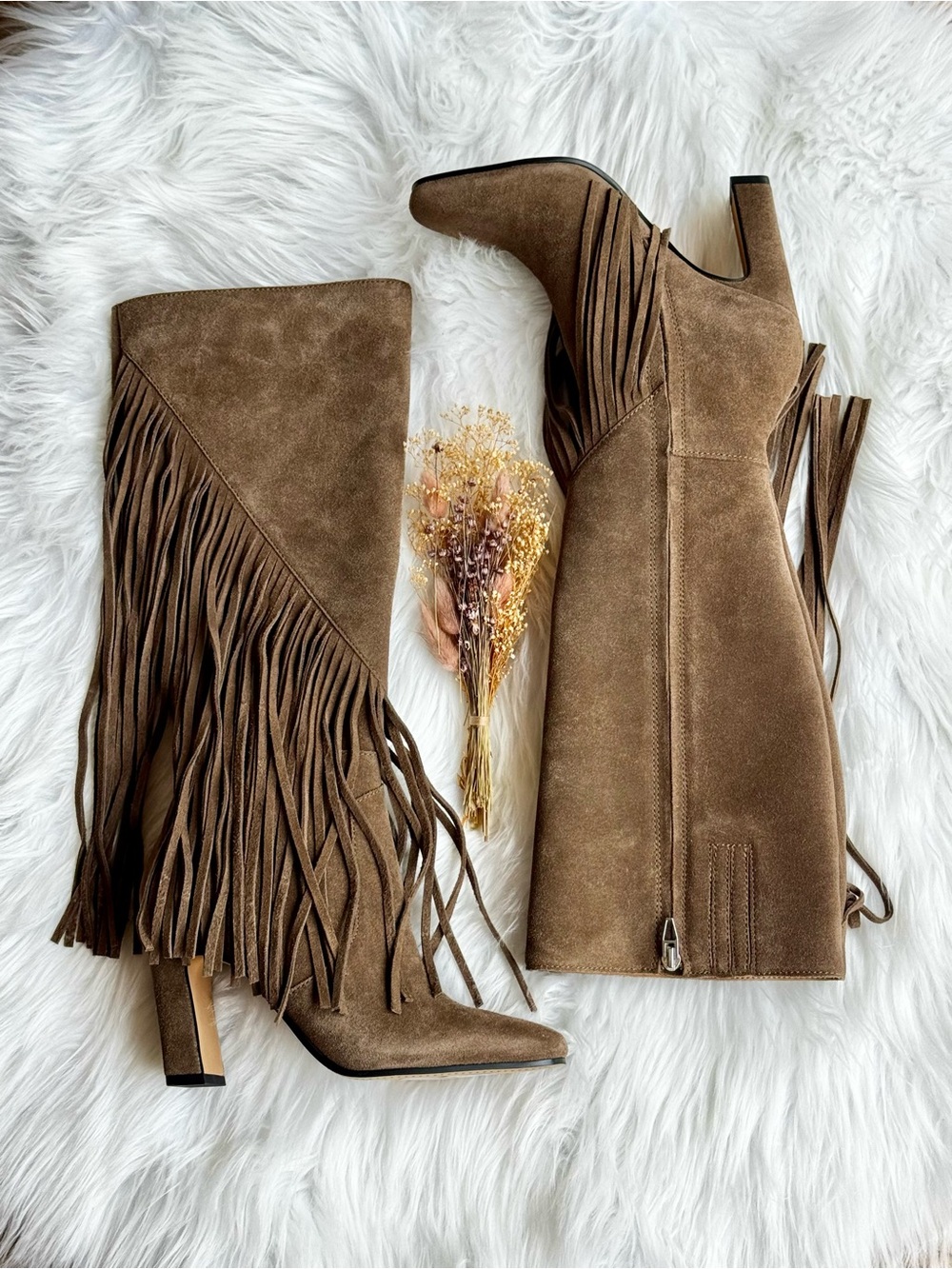 DOLCE VITA Boho Bohemian Giano Suede Fringe Heel Boots Olive + Box Sz 6 NWT